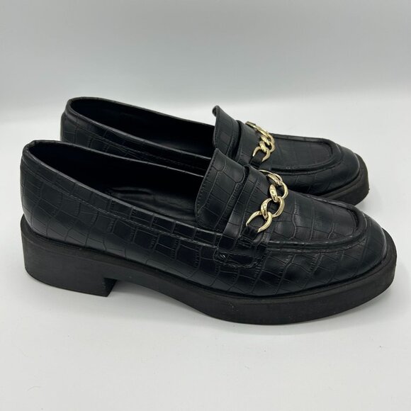 Kenneth Cole Reaction Sienna Lug Loafer Black Croc Pattern Gold Chain 8.5 - Picture 7 of 10